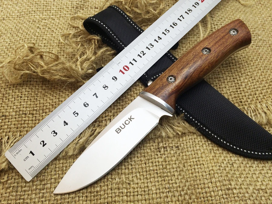 Buck Hunting Fixed Knife 440 Blade Steel+Wood Handle Camping Tactical
