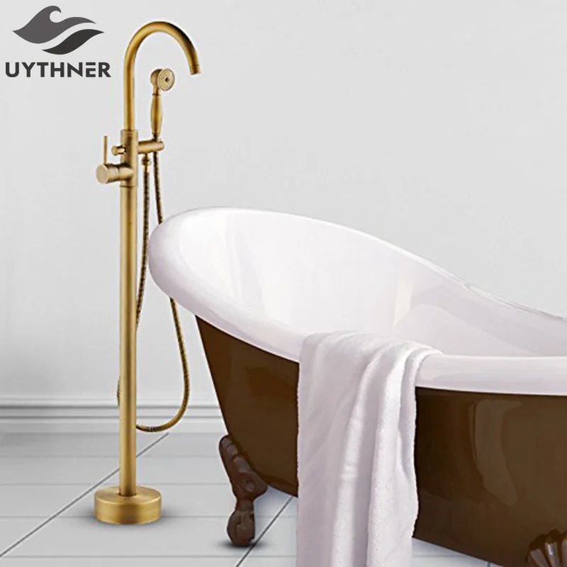 Antique Brass Bathroom Tub Faucet Swivel Spout Filler Standing with Waterproof Platform Base Mixer Tap
