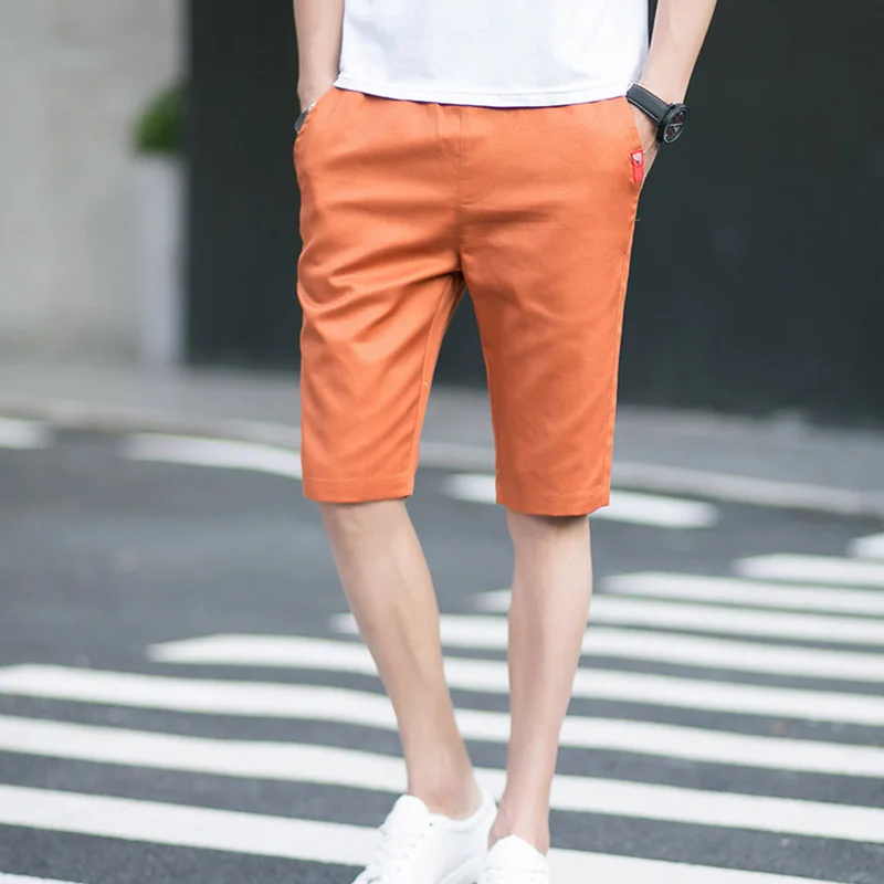Новинка летние тонкие дешевые обычные хлопковые дешевые мужские спортивные штаны повседневные мужские пляжные однотонные прямые облегающие короткие брюки - Цвет: Оранжевый