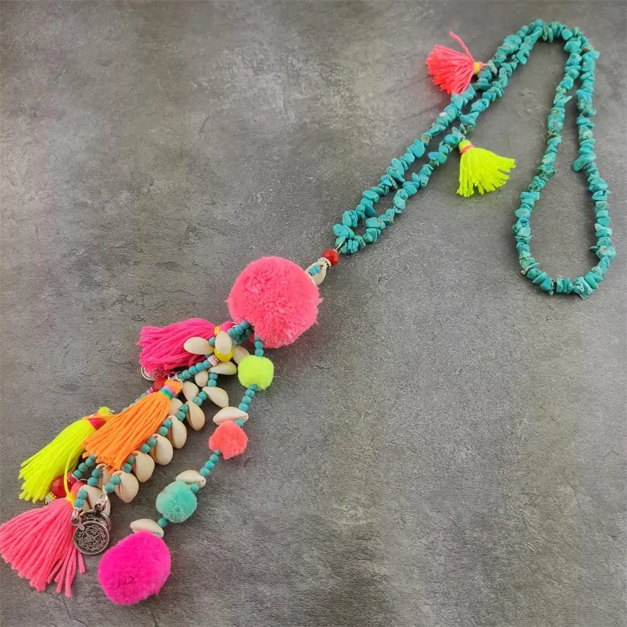 

Bohemia Ethnic Long Shell Tassel Pendant Necklace Pom Pom Ball Necklaces stone Chain Women Boho Jewelry collier femme