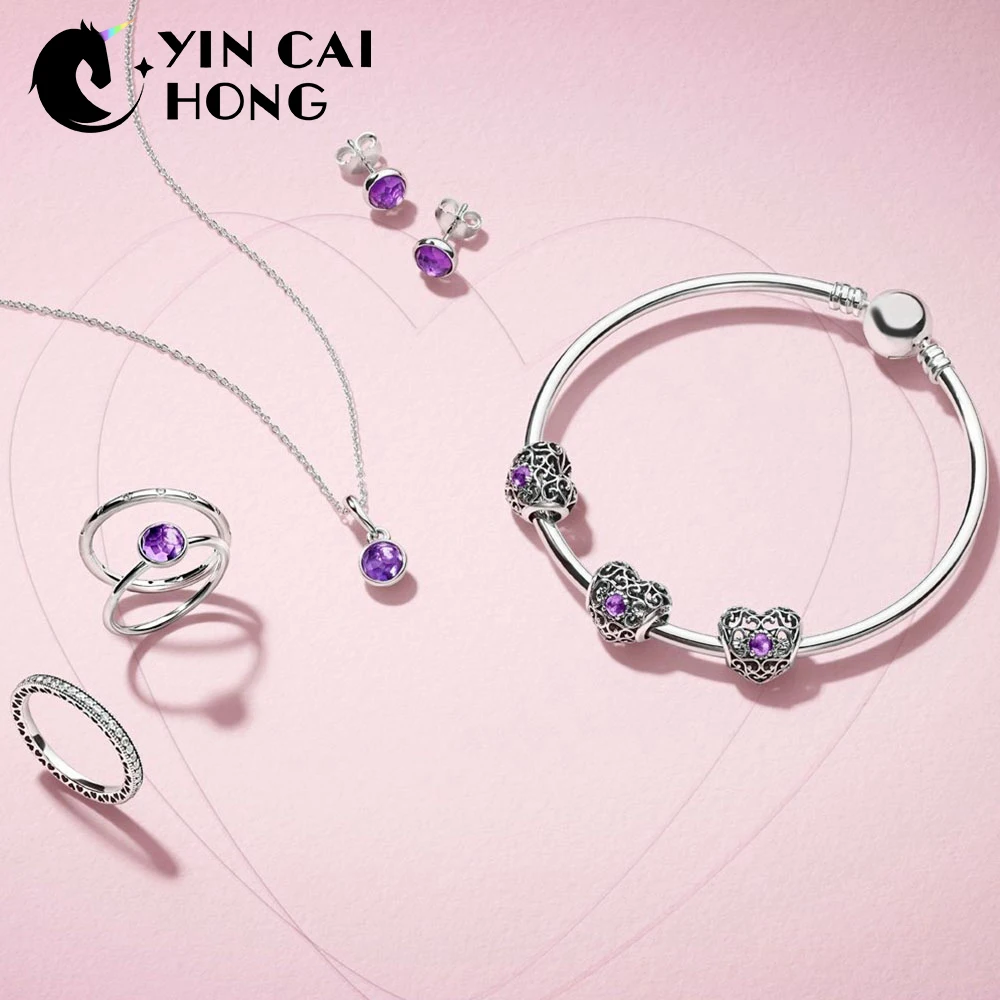 

YCH 100% 925 Sterling Silver 1:1 FEBRUARY SIGNATURE HEART BIRTHSTONE CHARM DROPLET PENDANT EARRING Ring Bracelet Necklace Set