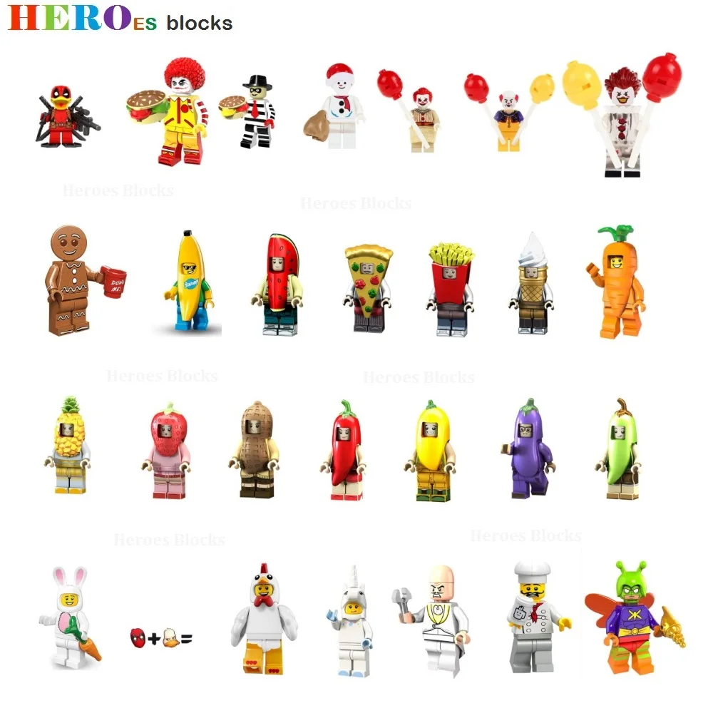 

Fruits food snowman Ronald McD joker Building Blocks killer Dr. Eggman Banana peanut Pizza Figure Bricks Toys Compatible Legoed