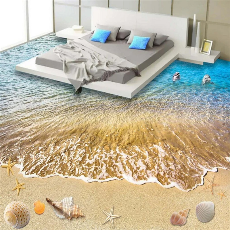 

Beach dolphins Floor photo wallpaper 3d for bathrooms 3D waterfall kitchen living room floor mural PVC waterproof papel contact