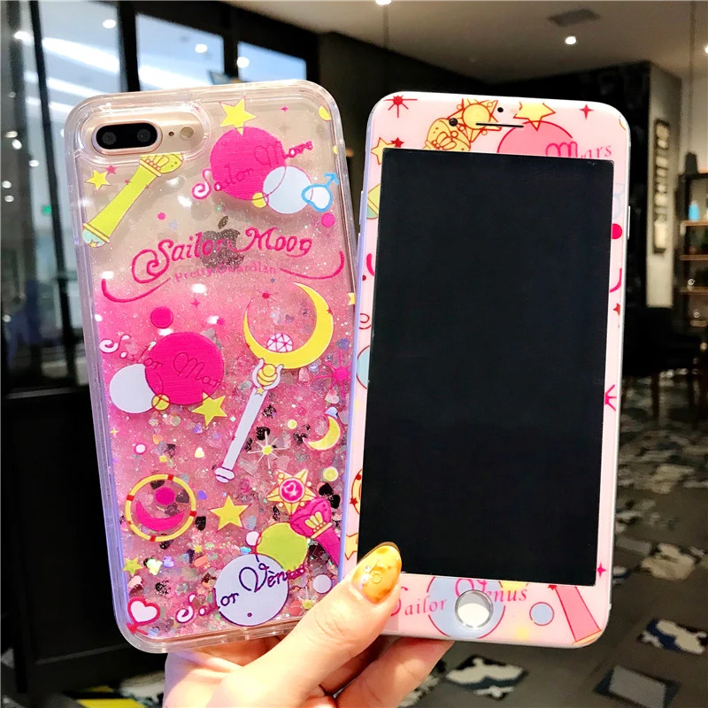 

For iphone 8plus sailor Moon Dynamic Glitter Liquid Quicksand Case + Glass Screen film For iPhone XS max XR X 7 8 7plus 6S 6SP