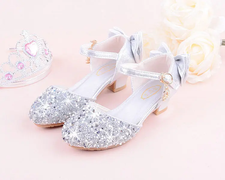 Girls sandals high heels spring and summer rhinestones bow princess Performance /wedding crystal single shoes shiny silver