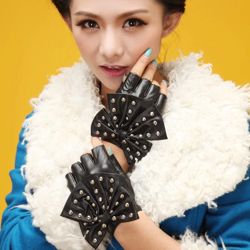2015-New-Summer-autumn-Women-genuine-leather-fingerless-semi-finger-driving-punk-rivert-lovely-bow-knot
