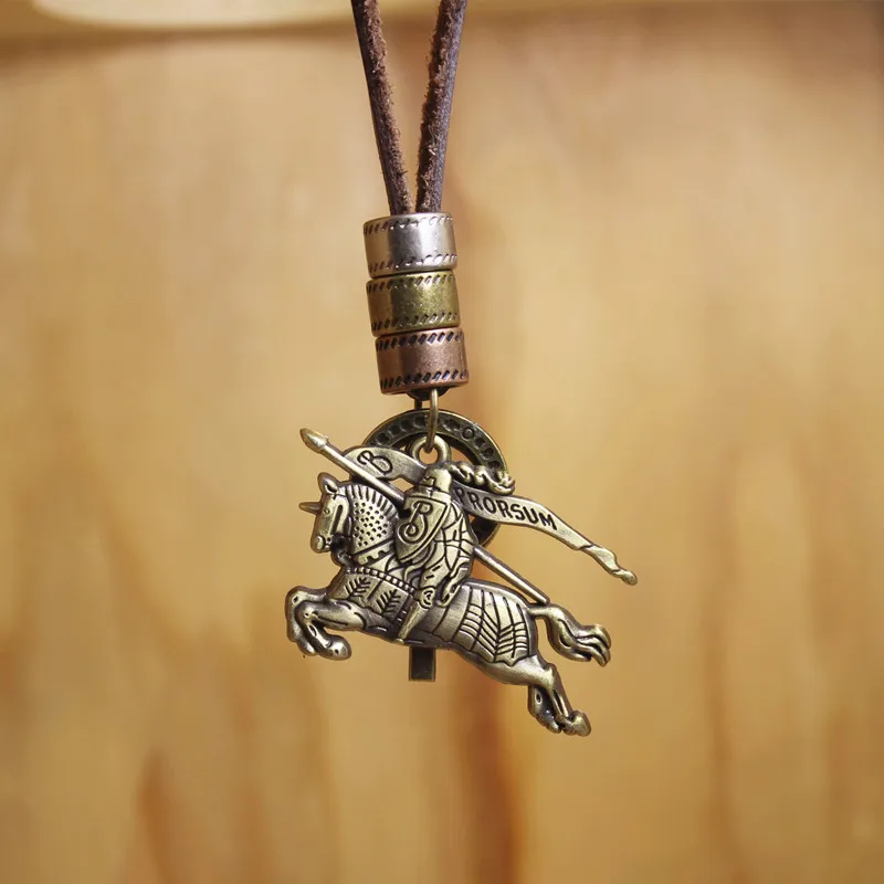 leather necklaces,retro male medieval heavy cavalry charm pendent,100