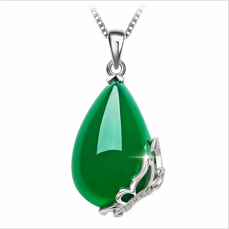 

TJP 2019 Hot Crystal Green Water-Drop Pendant Necklace For Women Birthday Accessories Fashion Female Silver 925 Choker Necklace