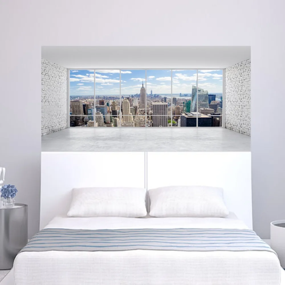 2 قطعة/المجموعة 3D النافذة تطل المدينة السرير جدار ملصقا ل غرفة نوم الديكور كبير المشارك خلفيات DIY الفن جدارية