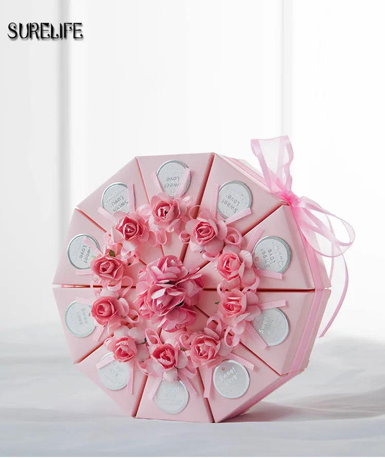 10 шт розовый/фиолетовый треугольный торт стиль Свадебные сувениры коробки конфет вечерние подарочные коробки с искусственными цветами ленты метки
