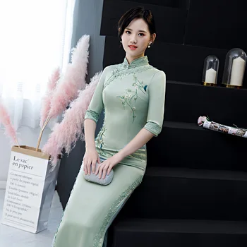 

New Women Green Qipao Mandarin Collar Handmade Button Rayon Cheongsam Novelty Chinese Formal Dress Size S M L XL XXL XXXL 4XL