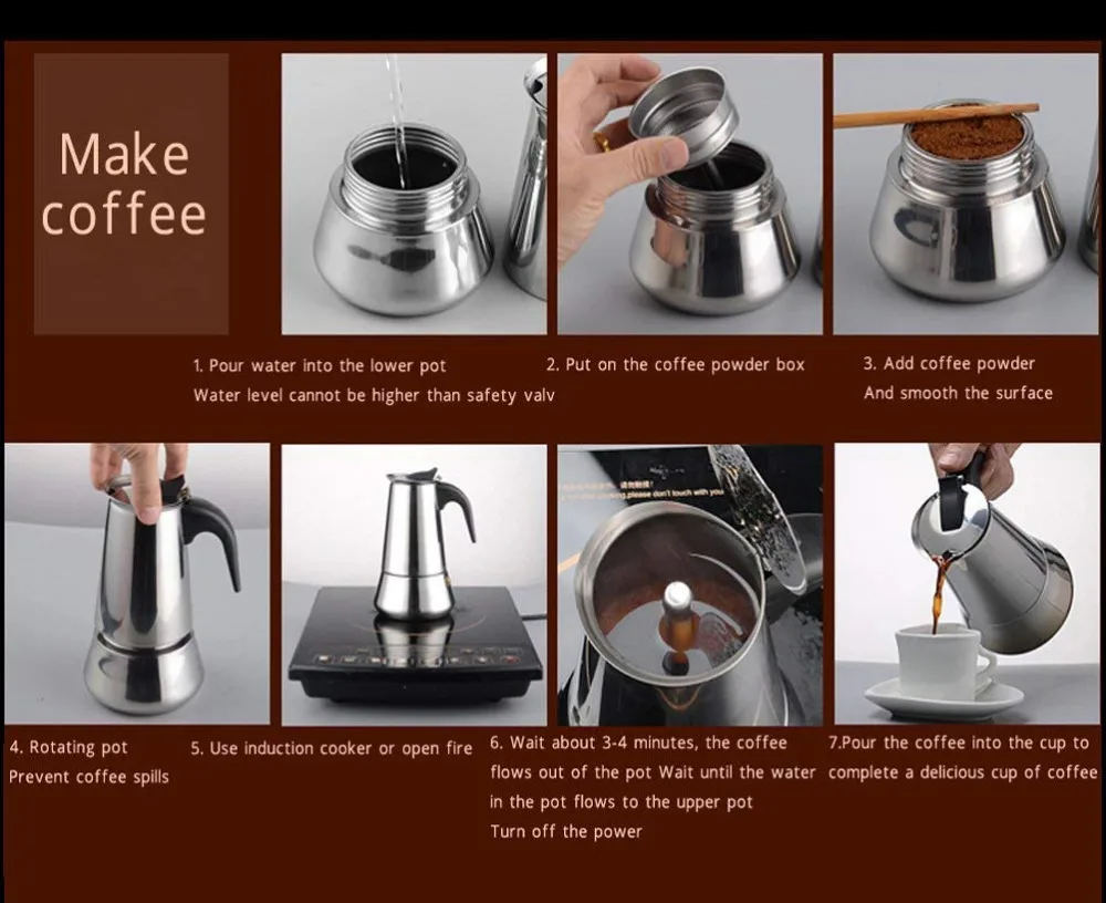 Stovetop Espresso Maker Stainless Steel Moka Pot Coffee Maker 100
