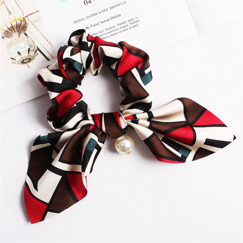 

Fashion Women Silk Scrunchies Geometric Pattern Scrunchie with Pearls Elastic Headband Hair Ties for Girls Accessories
