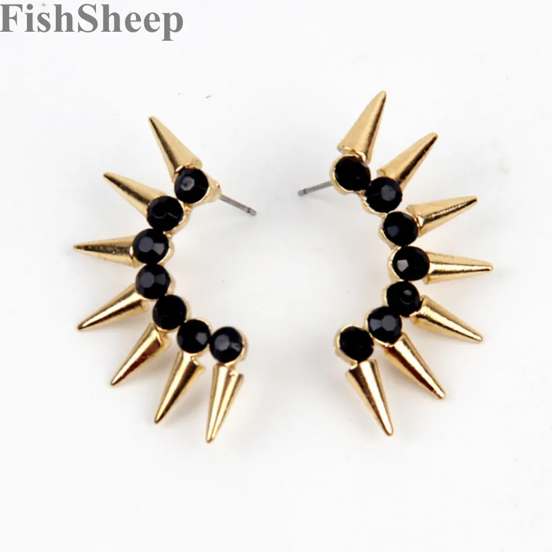 

FishSheep Rock Punk Spike Rivets Stud Earrings For Women Gold Color Long Black Crystal Spike Earrings Bijoux Fashion Jewlery