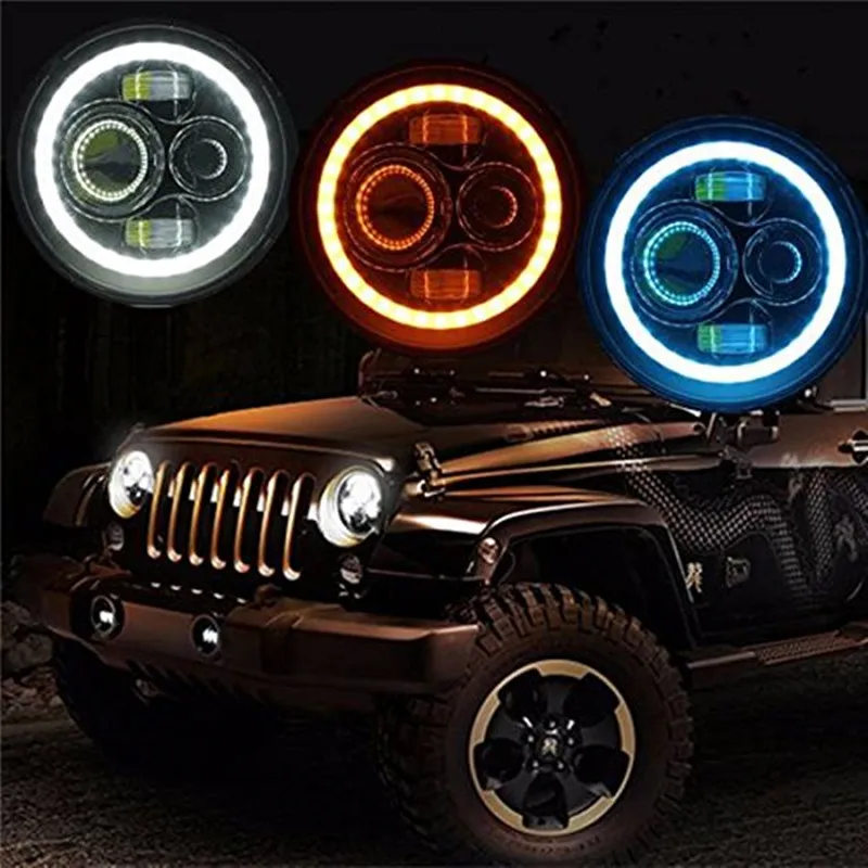 

2PCS 7'' Round 40W LED Projector Headlight H4 H13 LED Headlamp DRL Halo Ring Angel eye for 97-15 Wrangler JK Hummer H1 H2