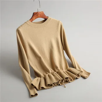 

2019 spring women sweater casual design Slim solid color sweater flounced
