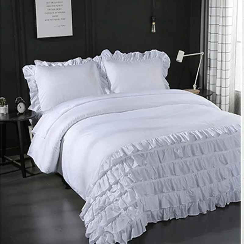 WhiteKoreanprincessrufflescakelayersbeddingsettwinfullqueen