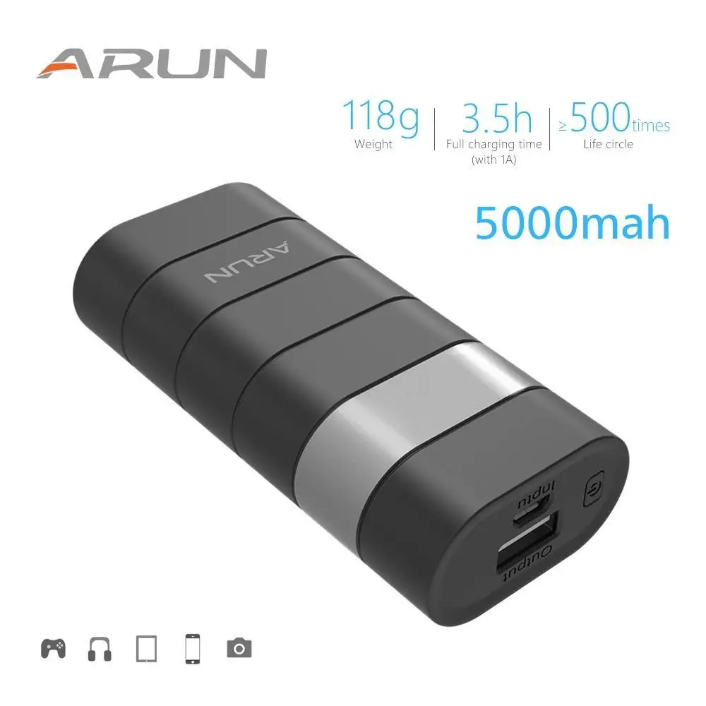 ARUN 5000 мАч Внешний аккумулятор, внешний аккумулятор, 1 USB внешний аккумулятор, портативное зарядное устройство для мобильного телефона для Xiaomi Mi iphone XS