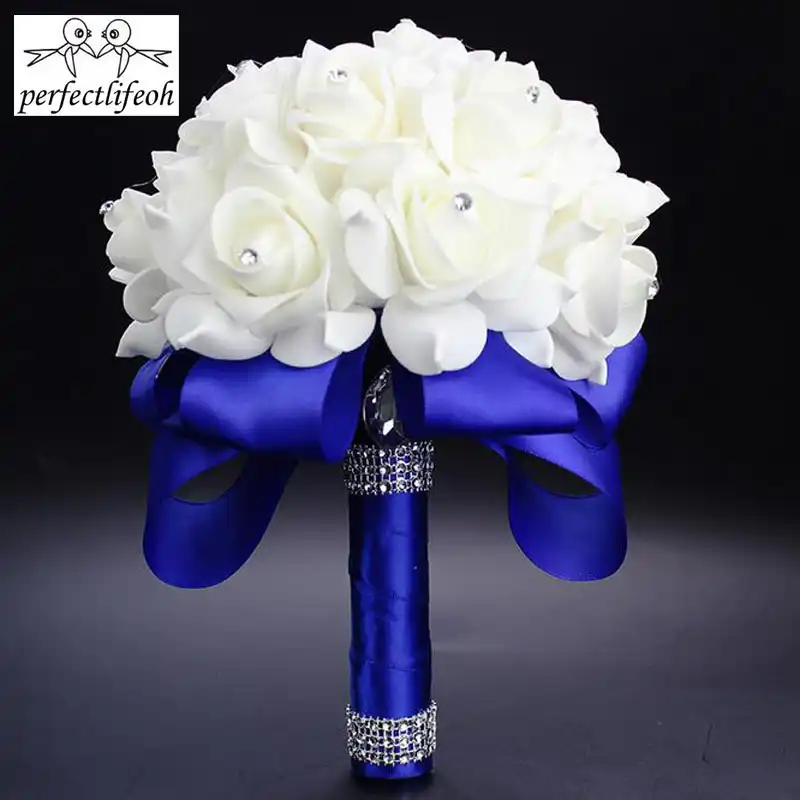 Perfectlifeoh White Royal Blue Rose Flowers Bridal Bouquet With