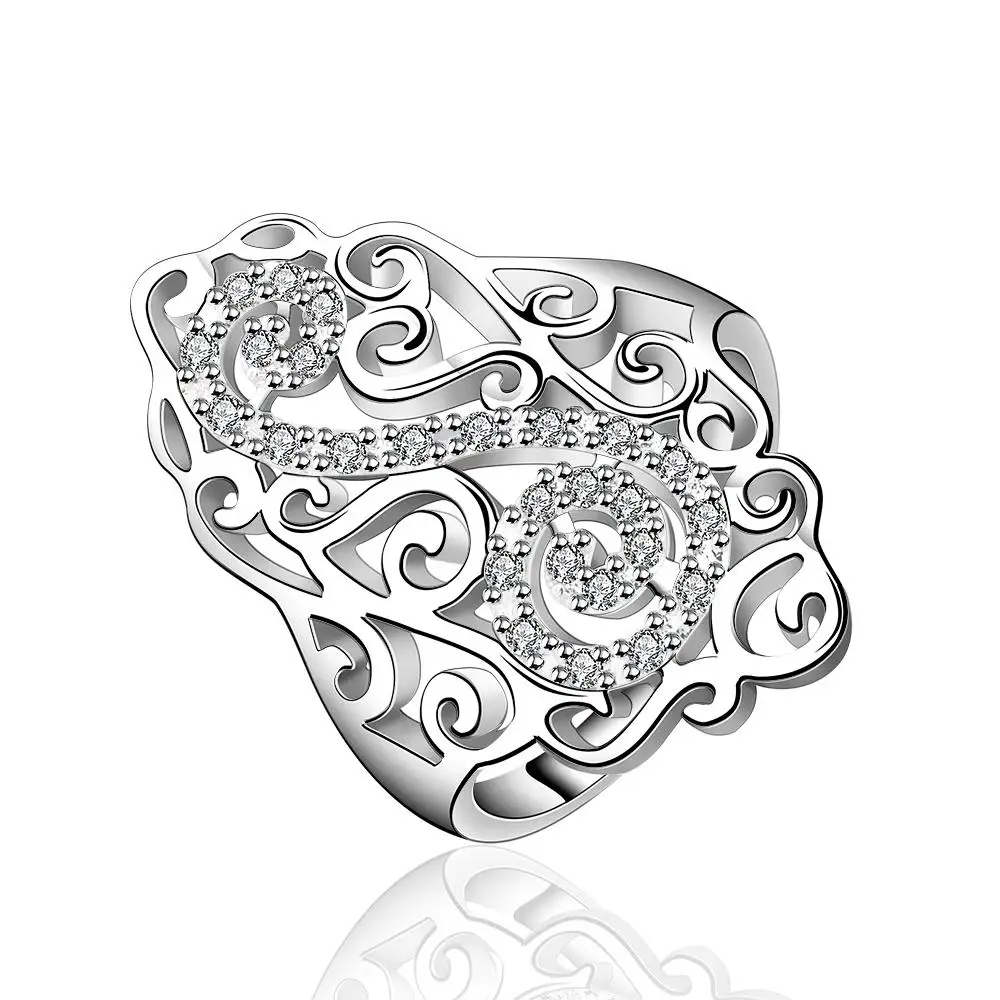 

New Noble Vintage White Cz Ring for Women Men Jewelry Silver Plated Wedding Engagement Ring Hollow Pattern Flower Ring