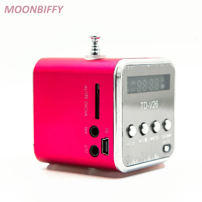 MOONBIFFY TD-V26 Aluminum Mini Portable FM Radio with Speaker LED Digital Support SD/TF Card U Disk for PC/MP3/4/Mobile/Tablets