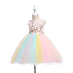 5345 радуга сетки вышивка Принцесса платья для маленьких девочек Свадебная вечеринка Детские платья для девочек Лето Оптовая продажа одежда