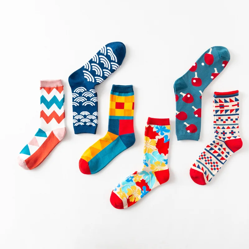 

6pairs Mid-tube Funny Cotton Socks Geometric Flowers Wave Table Tennis Print Socks British Style Colorful Socks For Gift