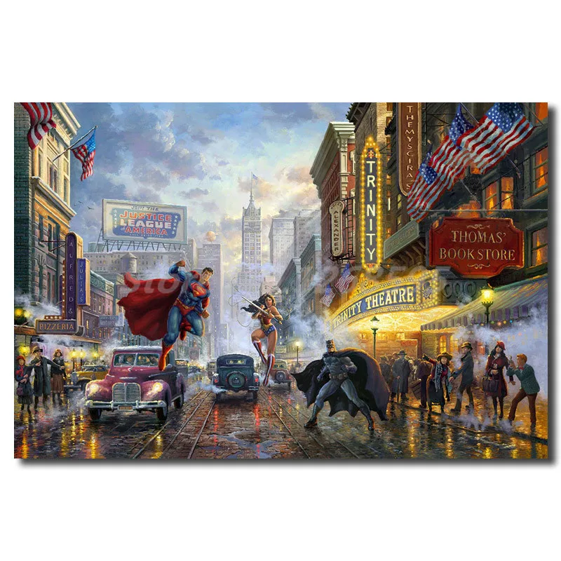 

Thomas Kinkade Batman Superman And Wonder Women HD Art Canvas Poster Painting Wall Picture Print Modern Home Bedroom Decoration