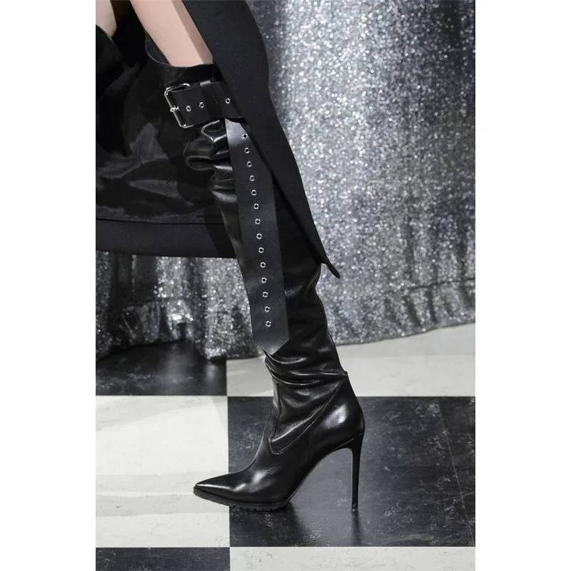 

Runway Black Leather Belted Thigh High Boots Buckle Pointed Toe Stilettos Heels Over The Knee Boots Motorcycle Shoes Women 2019