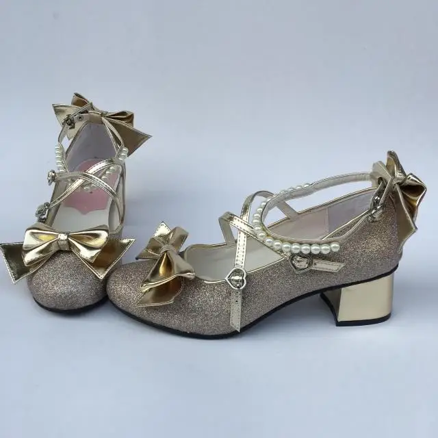 Womens-Shiny-Black-Silver-Sequin-Pumps-Bow-Strap-Cross-Pearl-Ankle-Strap-Princess-Lolita-Shoes-Custom-Tailor-Available- 8