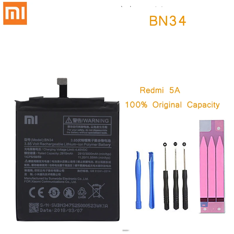 

Original Phone Battery for Redmi 5A Battery Xiaomi hongmi 5A BN34 Replacement Batteries with Retail Package Red rice bateria