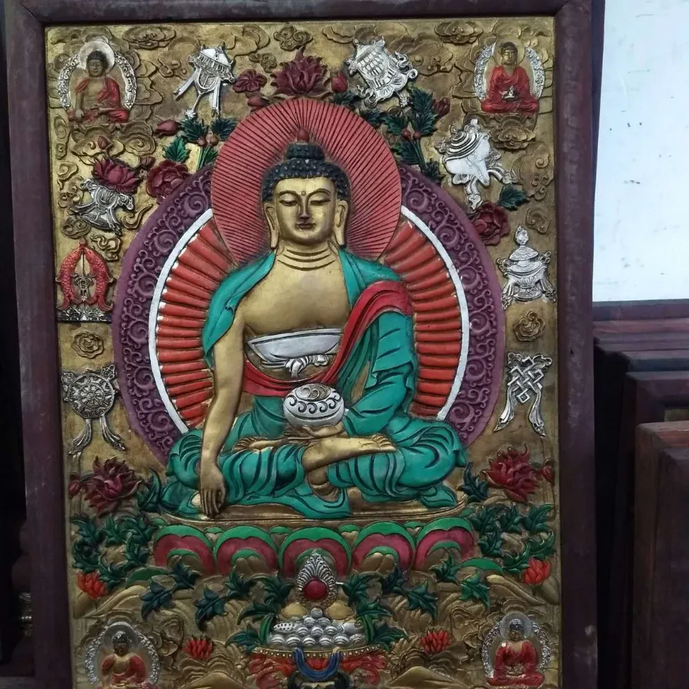

Tibet Wood Inlay Copper Painting Shakyamuni Amitabha Buddha Hang Wall Screen Buddhism Tathagata Buddha