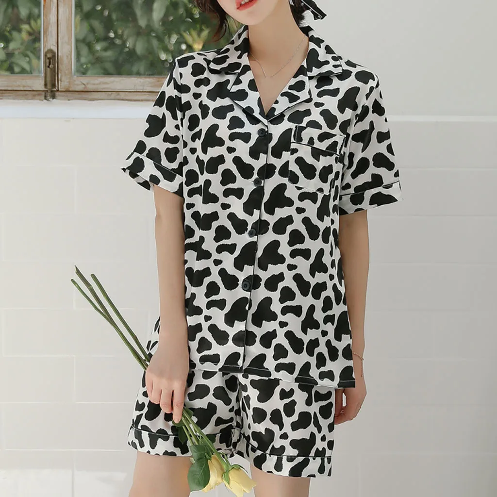 Шелковые пижамы с коротким рукавом для женщин, имитация шелка, с принтом коровы, пижамы с принтом, ночное белье, атласные пижамы для женщин