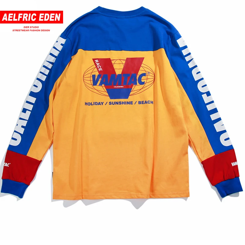 

Aelfric Eden Long Sleeve T-shirts Men Letter Printed Casual T Shirt Color Block Fashion Harajuku Cotton Hip Hop Tee Shirt Mt10