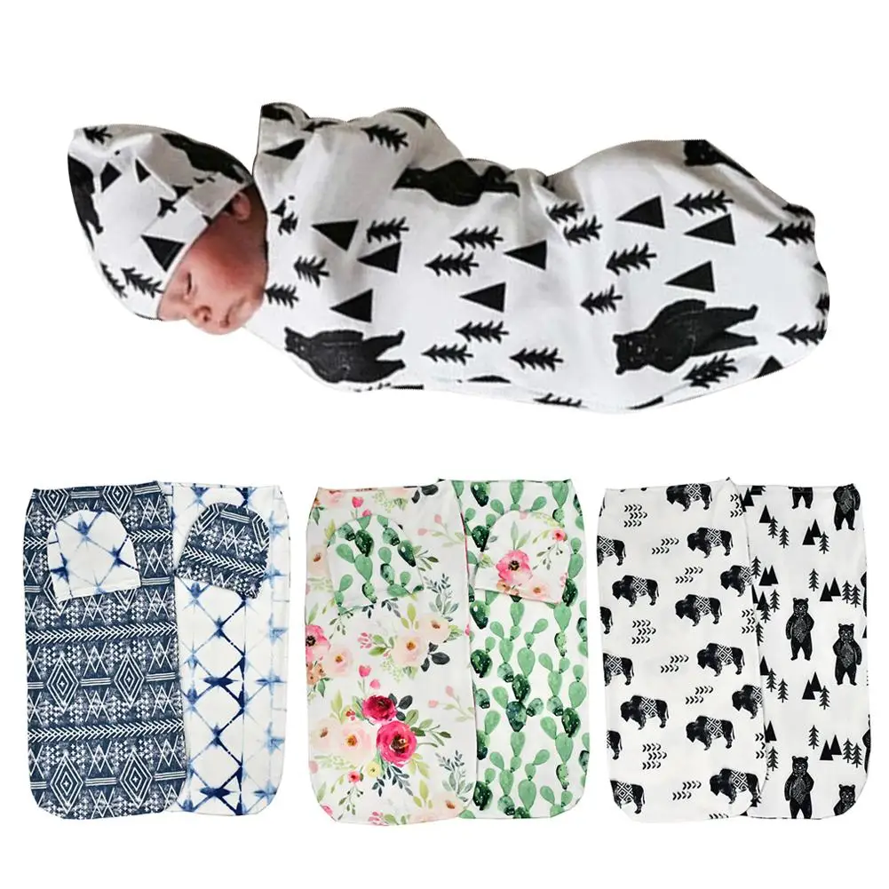 2 pièces/ensemble bébé garçon filles à fleurs Stretch dormir Swaddle couverture chapeau tête enveloppée