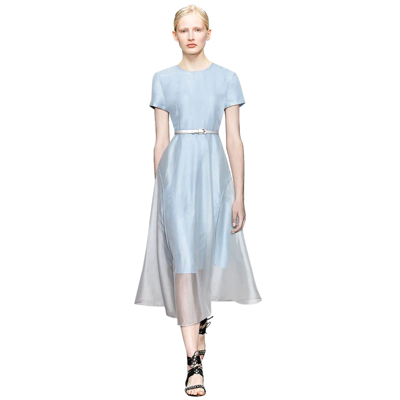 sweet women summer clothes elegant dress solid color sky blue  pink  black office dress round neck short sleeve woman dress