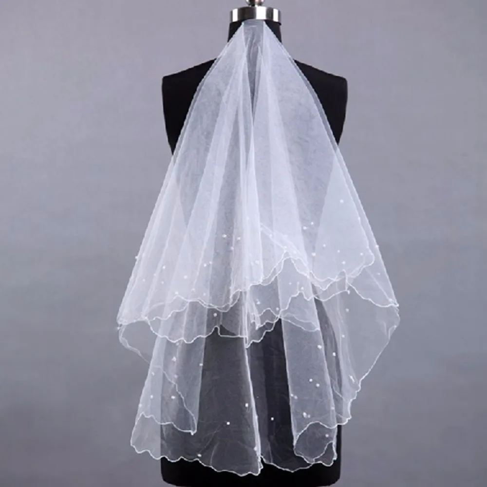 

1.5 m Woman White Wedding Head Yarn Veil Pearl Short Veil Beige Wedding Bridal Veil Long Trails Accessories welon voile mariage