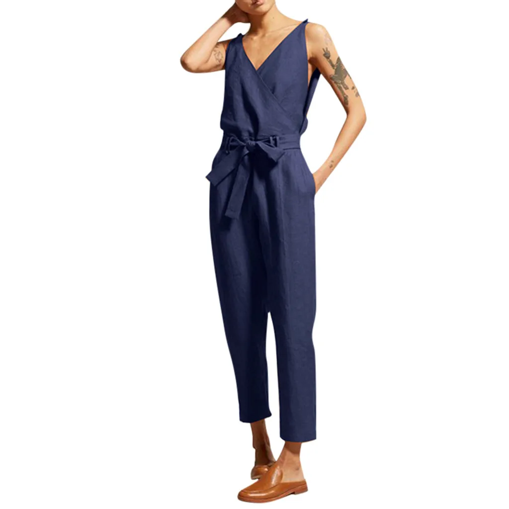 

Jacosin clothes Women Casual playsuit Solid Sleeveless V-Neck Belt Slim Plus Size Linen Long Pockets Jumpsuit