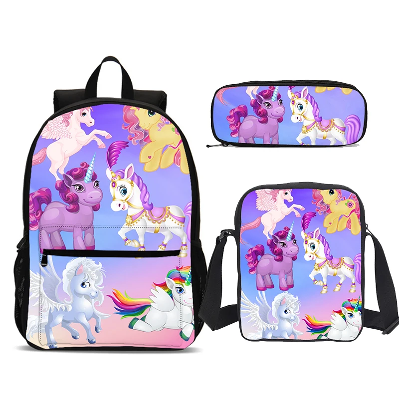 

3Pcs/Set Portfolio School Bags For Girls Boys Cute Cartoon Horse 3D Printing Bookbag Teenager Children Satchel Mochila Escolar