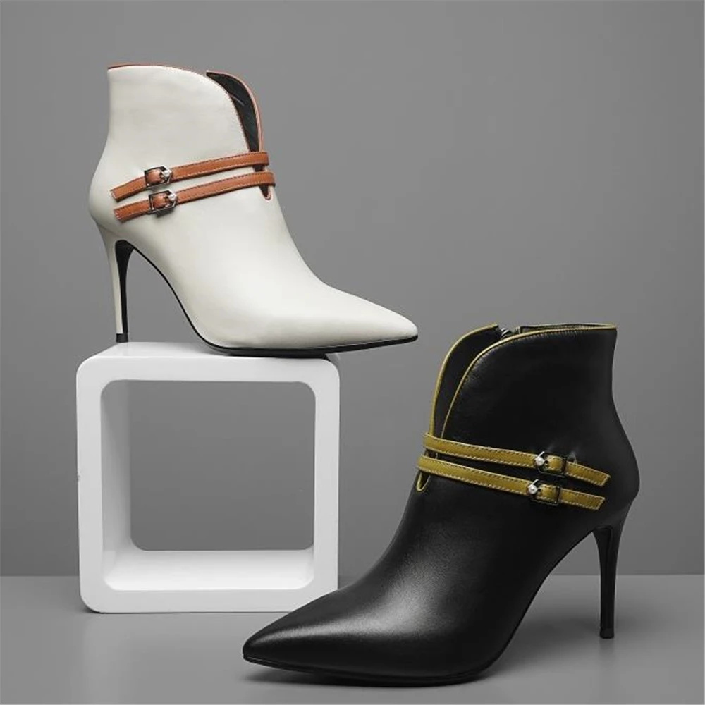 

2018 new fashion shoes for young and middle-aged women's leather boots with thick high heels and pointed color matching cowhide