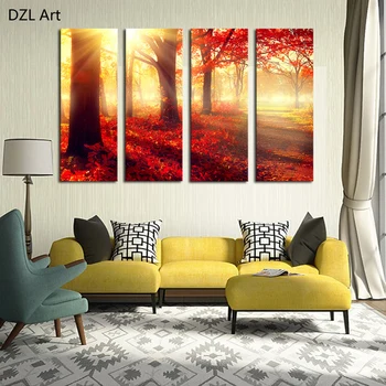 

4 Pcs (No Frame) Red Trees Wall Art Picture Modern Home Decoration Living Room or Bedroom Canvas Print Painting Wall picture