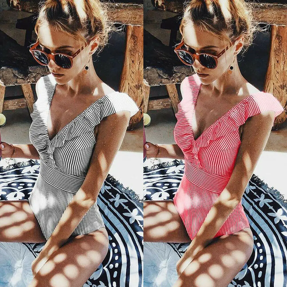 

Sexy Women Retro V Neck Blue Striped Swimsuit One Piece Ruffled Push Up Padded High Waist Swimwear Female Girls Monokini