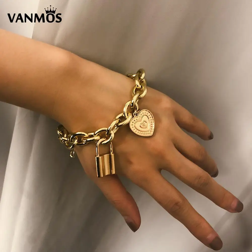 

Vanmos Lover's Lock Gold Color Bracelets Heart Pendant Jewelry Gift Bangles Vintage Elegant Fashion Wrist Chain Accessories 2019