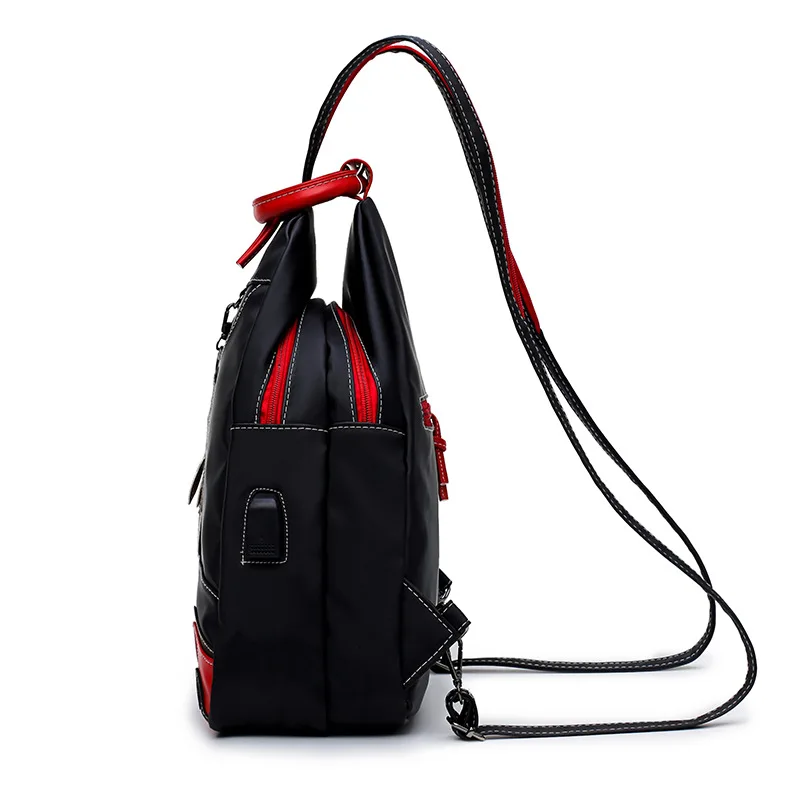 Nylon negro plástico impermeable de Mujeres de viaje de compras Mochila que puerto de carga USB externo Casual bolso Escolar Mochila