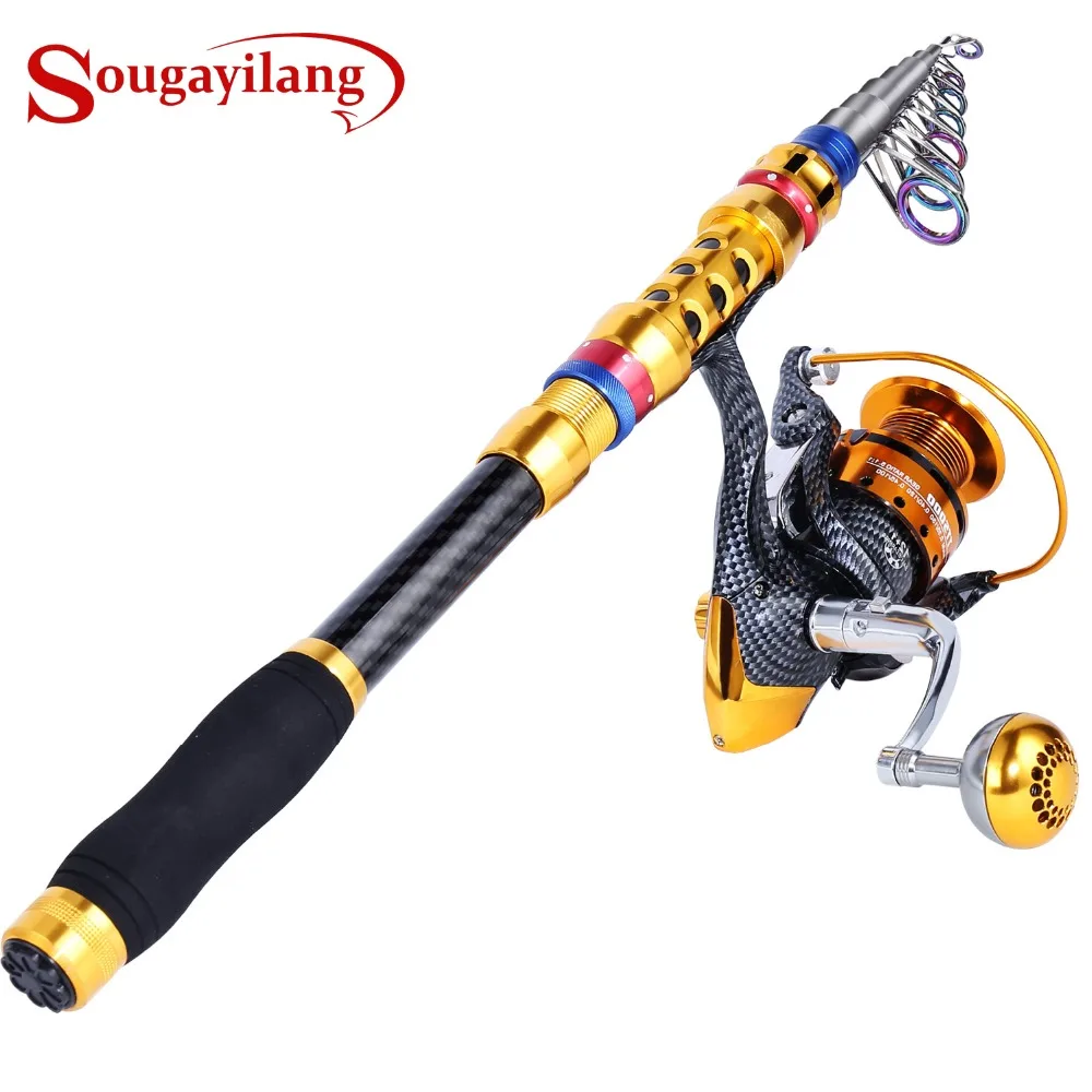 Sougayilang المحمولة تلسكوبي الصيد قضيب و بكرة المجموعات السفر الغزل قصبة صيد خشبية مع الغزل المعدني الكامل بكرة أطقم