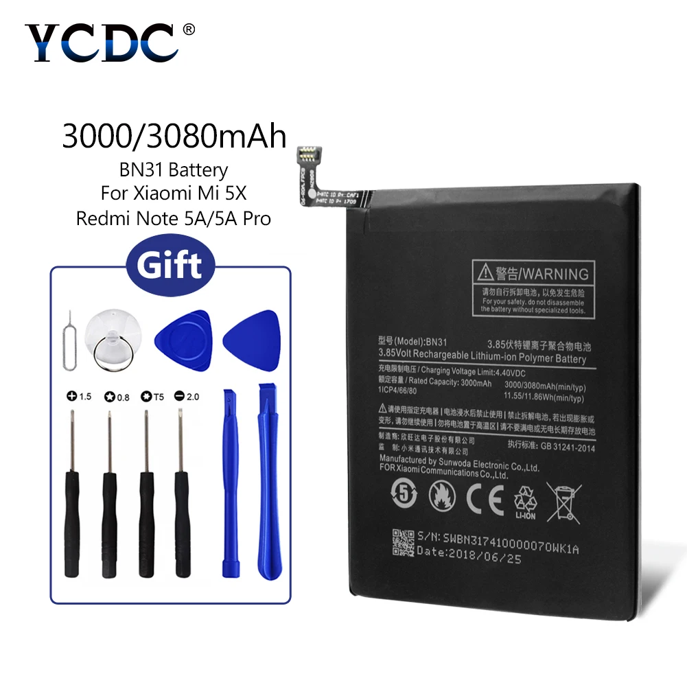 

YCDC Replacement BN31 BN-31 BN 31 Rechargeable Phone Battery For Xiaomi Mi 5X Mi A1 Redmi Note 5A 5A Pro 3120mAh+Repair Tools