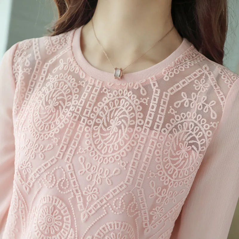 Hollow Out Women Spring Autumn Lace Blouses Shirts Lady Casual O-Neck Lace Blusas Tops DF1716 Blouses