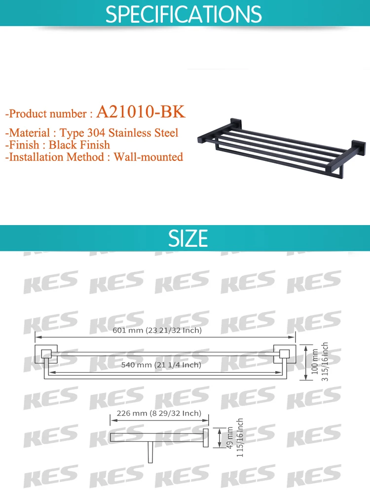 KES полки для ванной комнаты, вешалка для полотенец с креплением на стену, SUS 304, нержавеющая сталь, черный, A21010-BK
