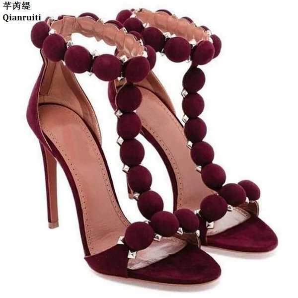 Qianruiti/розовые босоножки из искусственной замши на высоком каблуке в стиле Ким Кардашьян; женские туфли-лодочки с t-образным ремешком; женская обувь на тонком каблуке с заклепками и заклепками