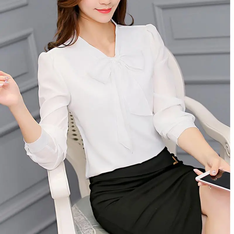 

New Korean Women Casual Chiffon Blouse Shirt Pink White Office Shirt Tops Spring Autumn